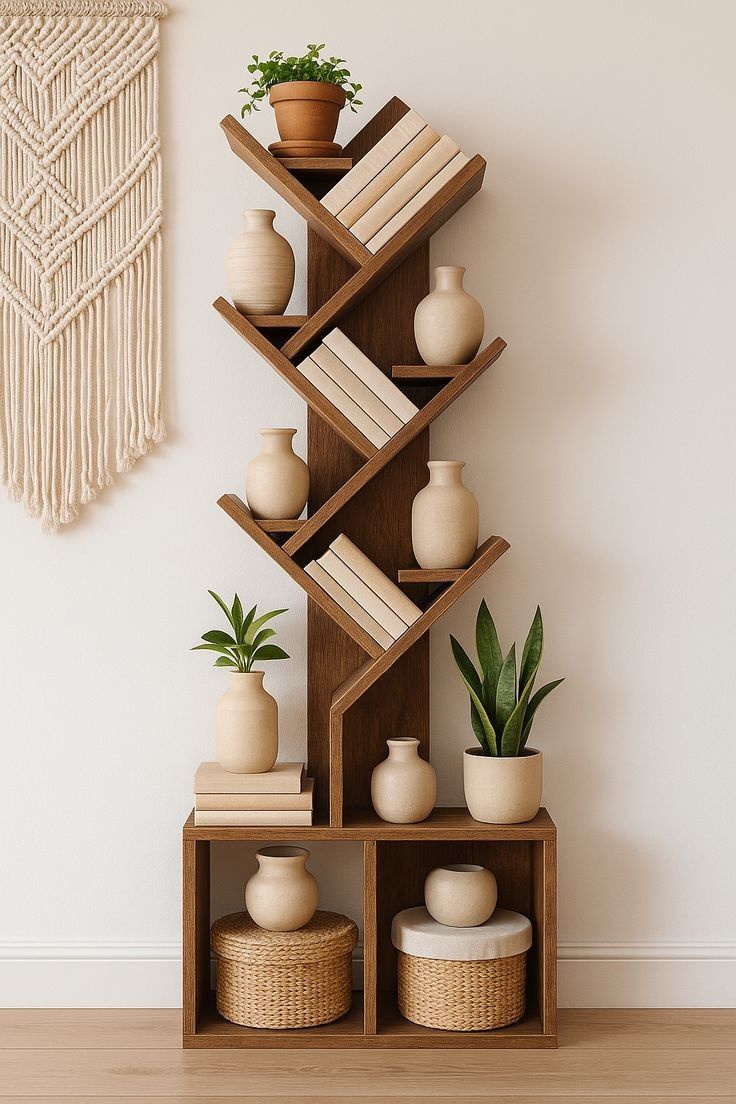Wooden Book & Plant Shelf for Home Décor