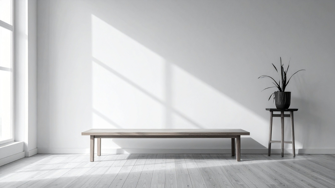 Minimalist room with a wooden bench, small plant on a stool, and large window allowing natural light.